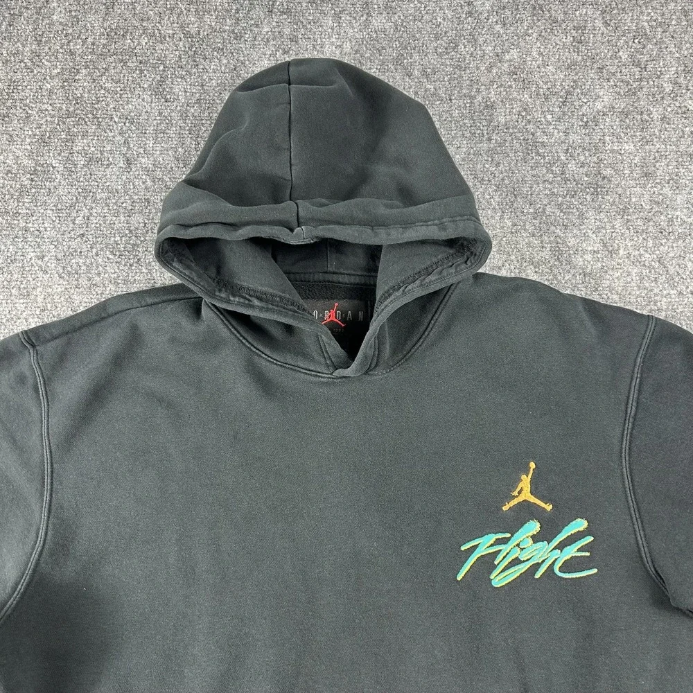 Jordan Flight Hoodie Mens Medium Black‎ Teal Script Logo Pullover Sweatshirt